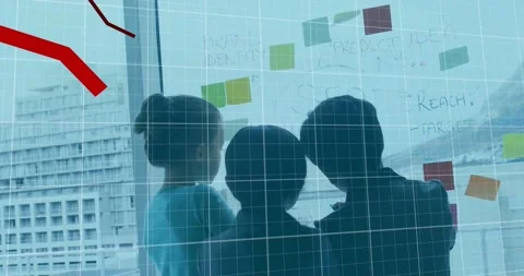 Animation of falling graphs, grid pattern, diverse children talking and writing Video stock 256065725