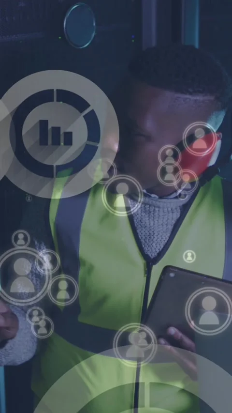 Animation of falling icons over african american couple server room workers Vídeo Stock 342801864