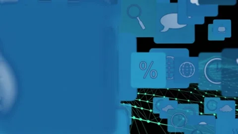 Animation of falling icons over dynamic wave pattern against black background Stock Footage 328155018