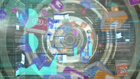 Animation of falling icons over graphs, programming language and abstract circle Stock Footage 209612814