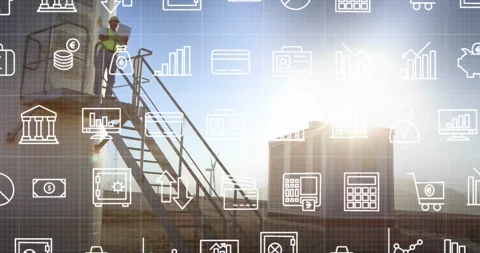 Animation of falling icons over windmill Stock Footage 201084538