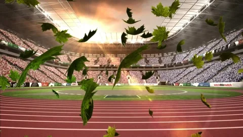 Animation of falling leaves over circular running track in fully packed stadium 動画素材 257071581