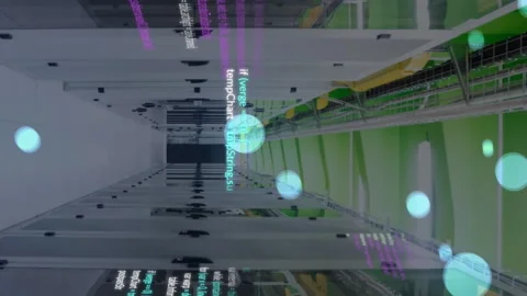 Animation of falling lens flares and computer language over server room Stock Footage 313369549