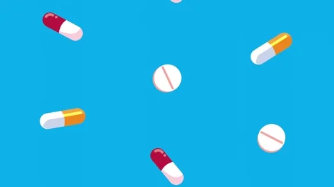 Animation of falling medicinal pills and tablets on bright blue background .. Stock Footage 338984002
