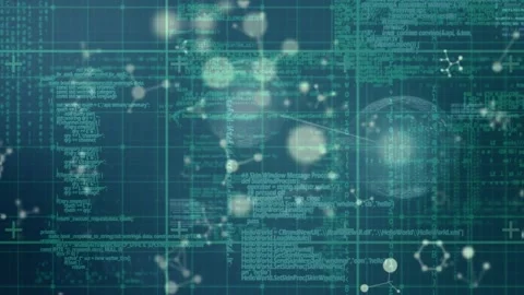 Animation of falling molecules over data processing on dark background Stock Footage 329364323