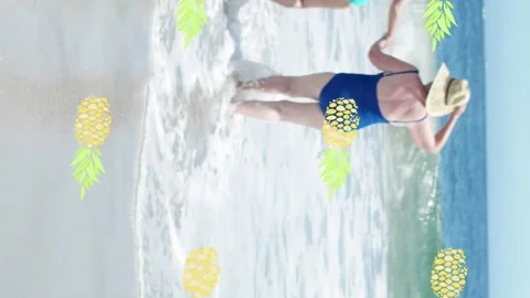 Animation of falling pineapples over caucasian senior group of woman on the Video stock 312544372