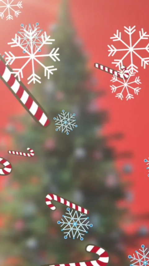 Animation of falling snowflakes and candy corns over christmas tree Stock Footage 342136668