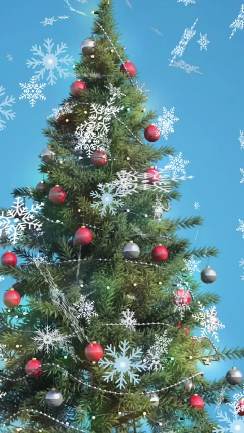 Animation of falling snowflakes over christmas tree Stock Footage 342136664