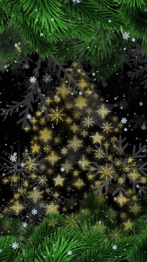 Animation of falling snowflakes over tree of gold stars and snowflakes and Stock Footage 341918536