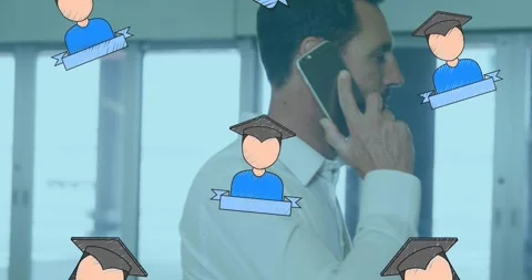 Animation of falling students icons over businessmen using smartphone Stock-Footage 330338464