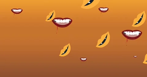 Animation of falling vampire mouths on orange background Stock Footage 328237592