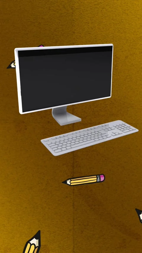 Animation of falling yellow pencils and desktop computer on gold Stock Footage 342601496