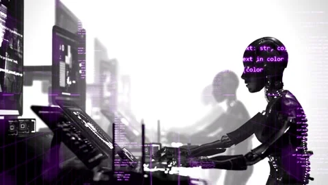 Animation features a sleek, dark humanoid robot working at a computer Video stock 308586146