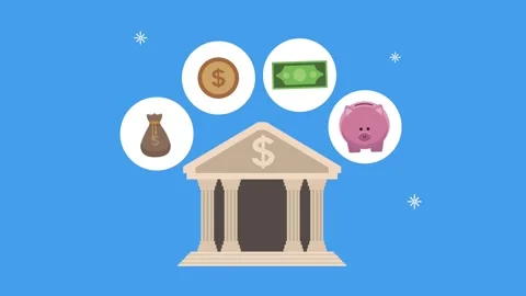 Animation featuring bank building icon surrounded by floating money savings.. 動画素材 338425388