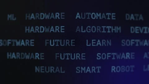 Animation featuring digital and tech-related words. Dynamic text elements. Stock Footage 308387426
