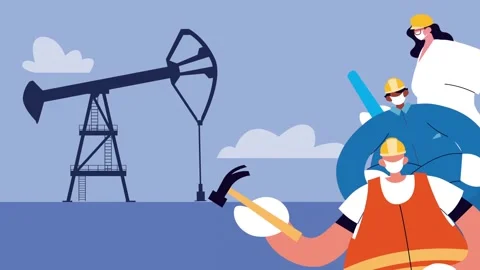 Animation featuring oil workers with protective masks working near an indus.. Vídeos de archivo 338422199