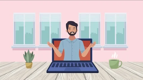 Animation featuring a young man with a beard talking through a laptop scree.. Stockbeeldmateriaal 339081166