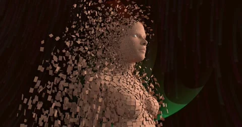 Animation of female representation made of brown blocks exploding over dynamic 動画素材 328928236