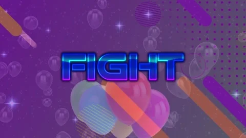 Animation of fight text banner over bubbles, balloons and abstract shapes on Stock Footage 329979745