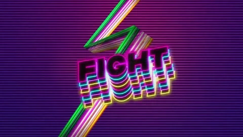 Animation of fight text, fireworks and thunder symbols over abstract background Stock Footage 328079955