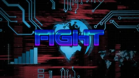 Animation of fight text over computer language, globe, graph and electronic Stock Footage 325964788