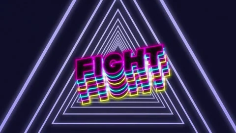 Animation of fight text text banner over triangular tunnel in seamless pattern Stock Footage 253471222