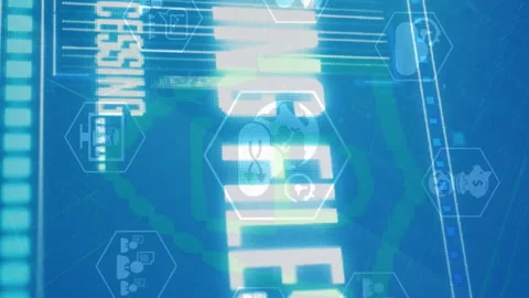 Animation of files deleting processing, icons, security symbol against blue Stock Footage 312569714