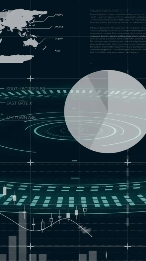 Animation of finacial data processing with scope scanning on black background Stock Footage 343866581