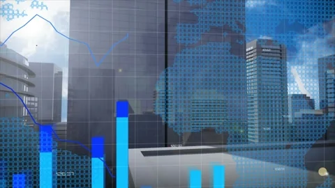 Animation of financial and business data processing with world map over Stock Footage 329368310