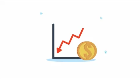 Animation of financial chart with red down trend arrow and golden coin repr.. Stock Footage 339258068