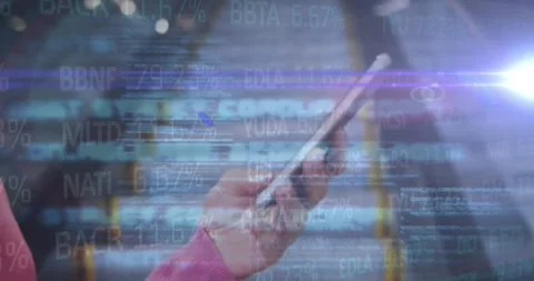 Animation of financial data and code over hands of caucasian man using Stock Footage 328821889