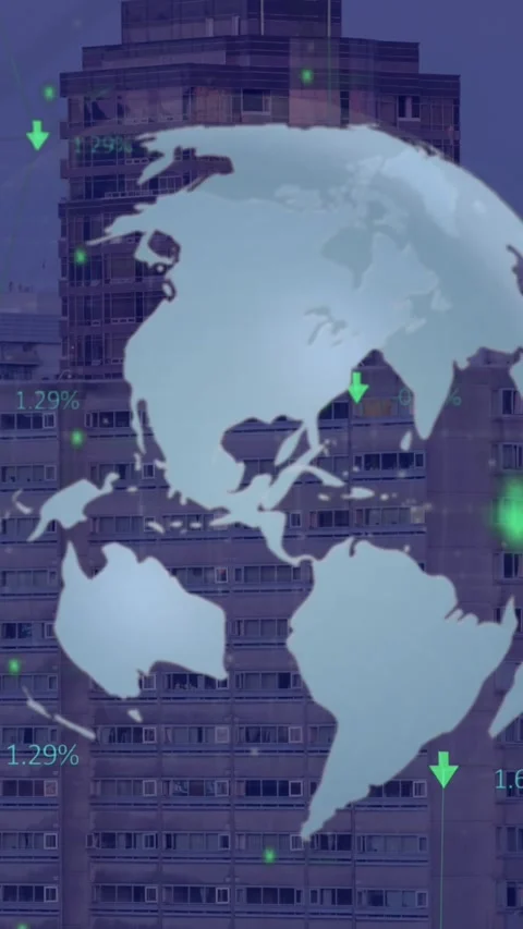 Animation of financial data and globe rotating over cityscape Video stock 320854095
