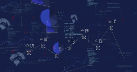 Animation of financial data and graphs with coding elements on dark blue Stock Footage 303422042