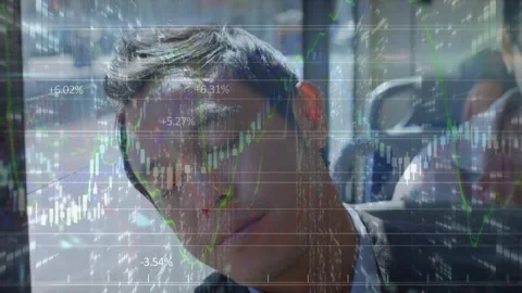 Animation of financial data and graphs over tired asian businessman sleeping in Stock Footage 330399348