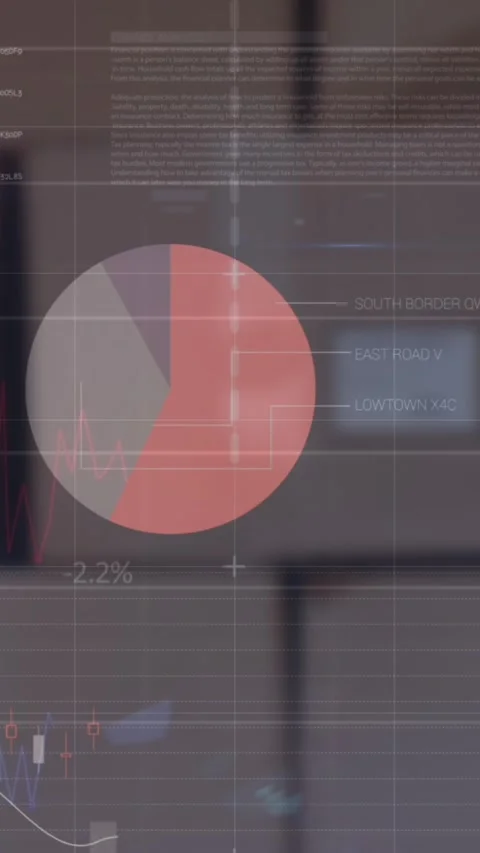 Animation of financial data and graphs over packages in warehouse Stock Footage 341920818
