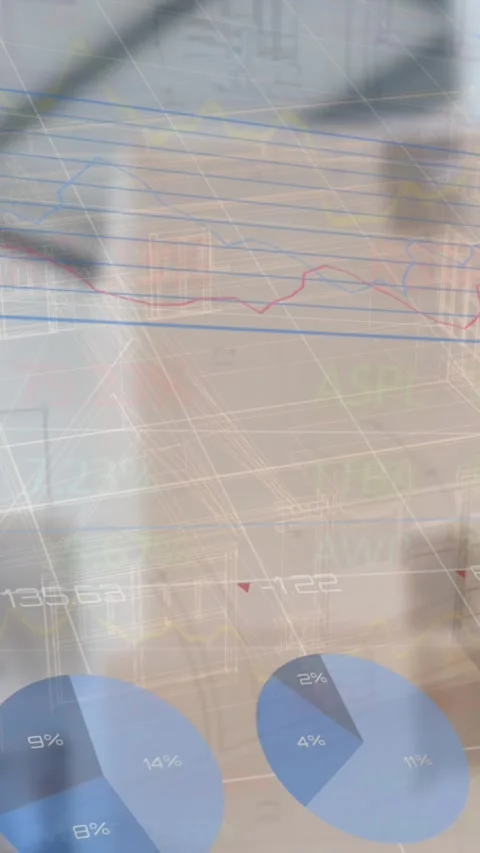 Animation of financial data and graphs over packages in warehouse Stock Footage 341991210
