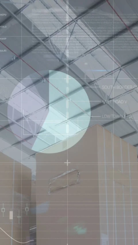 Animation of financial data and graphs over packages in warehouse Stock Footage 341991214