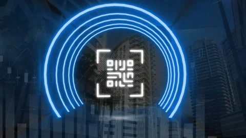 Animation of financial data and qr code over modern buildings Stock Footage 330107914
