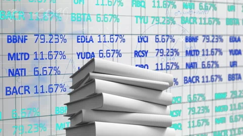 Animation of financial data and stock market percentages with books stacked Stock Footage 304853389