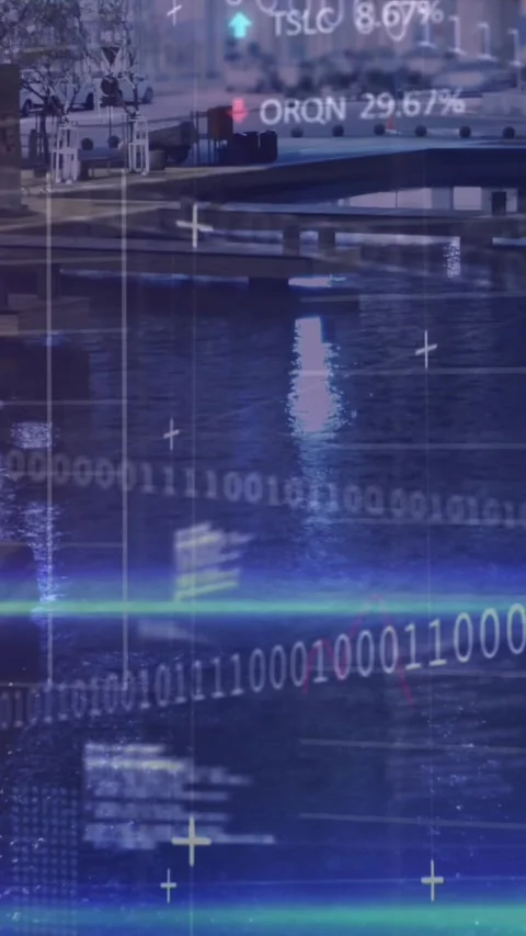 Animation of financial data, binary code and graphs over city buildings Stock Footage 319371415