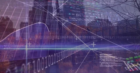 Animation of financial data, binary code and graphs over city buildings Video stock 330468839