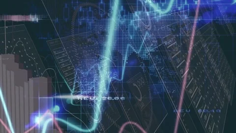 Animation of financial data, graphs and digital screen with world map Video stock 328836096