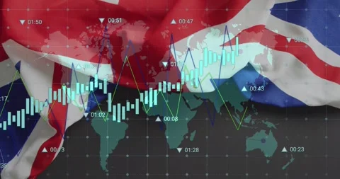 Animation of financial data graphs over world map and British flag background Stock Footage 328715590