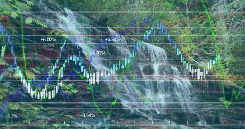 Animation of financial data graphs overlaying waterfall in natural forest Stock Footage 306214590