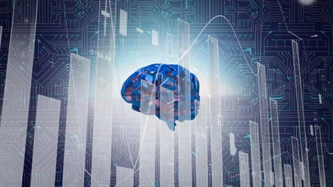 Animation of financial data, graphs processing, bright 3d human brain rotating Stock Footage 316217493