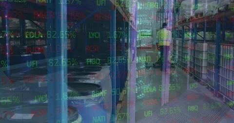 Animation of financial data over back view of male warehouse worker Stock Footage 326626563