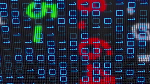Animation of financial data over binary code on black background Stock Footage 312411114