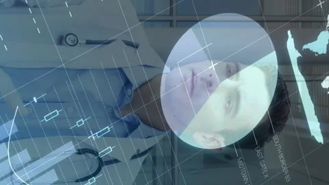 Animation of financial data over caucasian male doctor and paramedics talking Stock Footage 312353684
