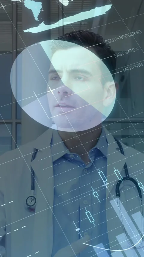 Animation of financial data over caucasian male doctor and paramedics talking Stock Footage 323341922
