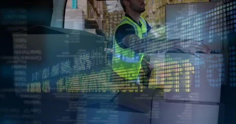 Animation of financial data over caucasian male courier loading packages into Stock Footage 327003561